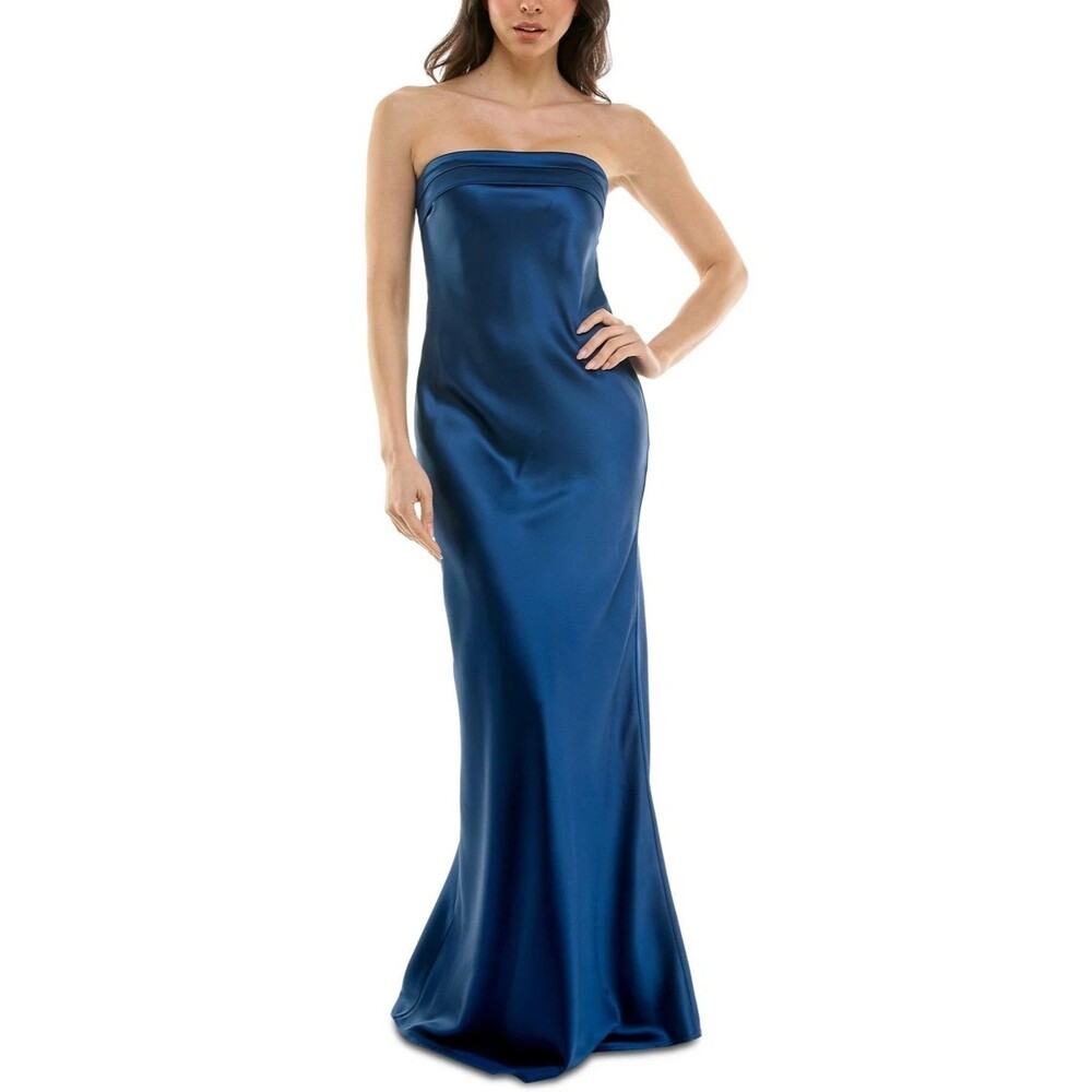 Emerald Sundae Juniors' Strapless Drape-Back Satin Gown-Navy-Large